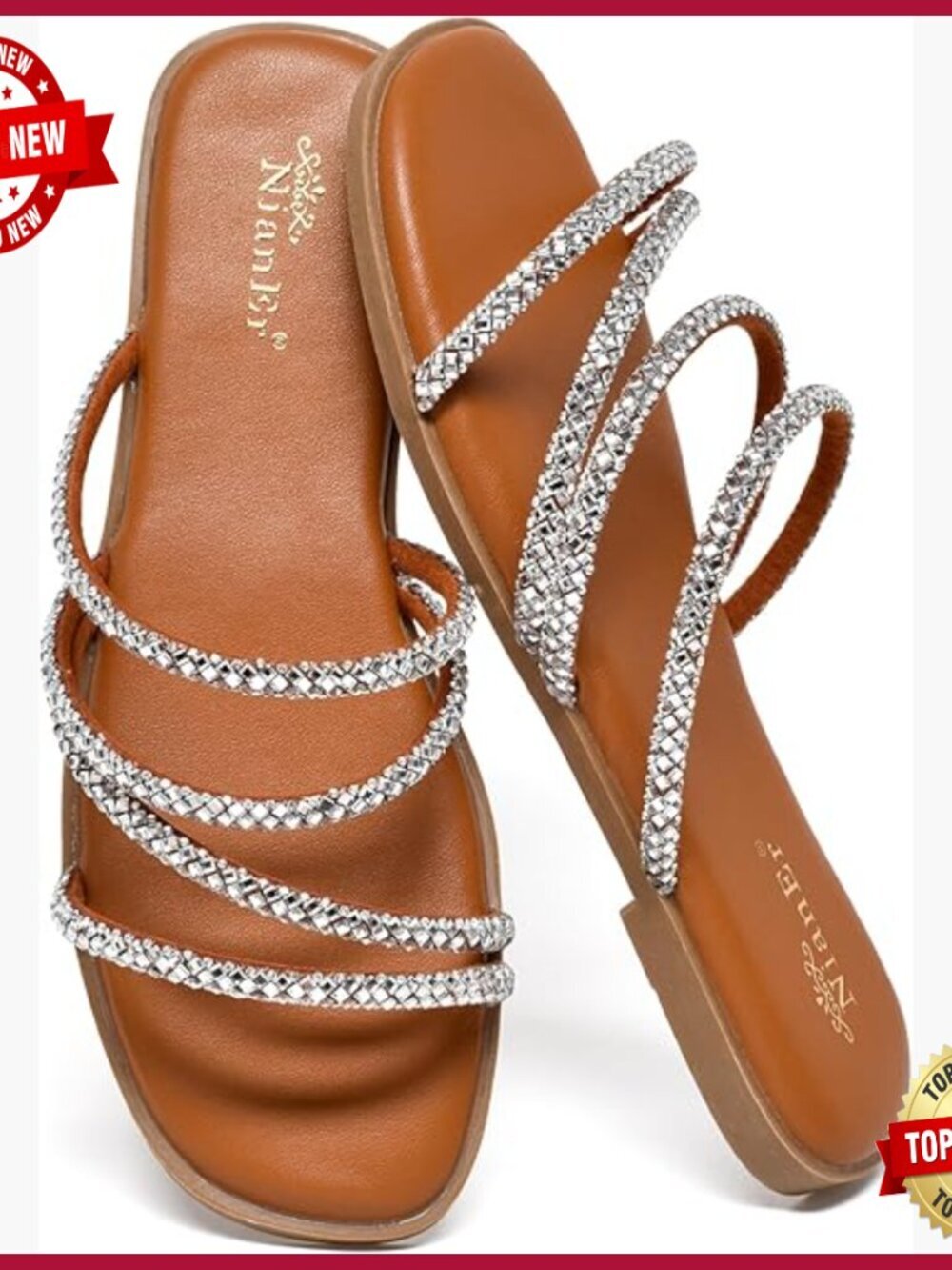 Womens Microfiber Leather Square Toe Slip On Flat Sandals Rhinestone Comfort